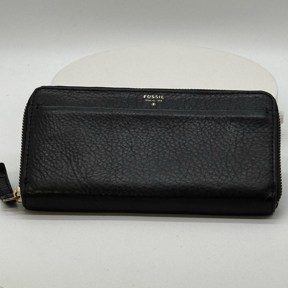 Fossil Wallet Leather Zip Around Pebbled Black Card Slots Coin Zip